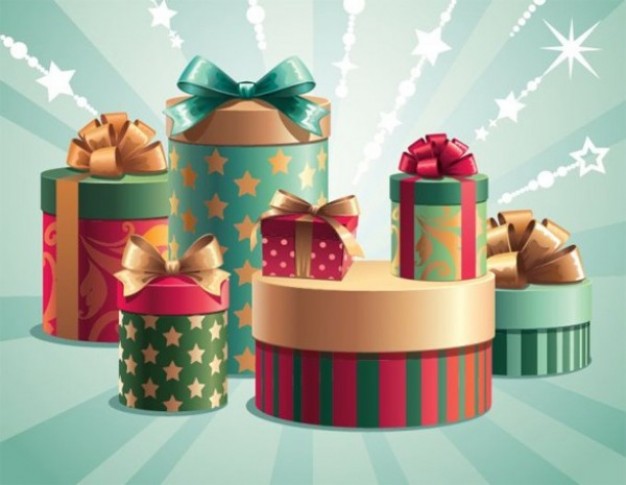 Gift wrapped Gift wrapping cylinder gift boxes on green background about Christmas Shopping